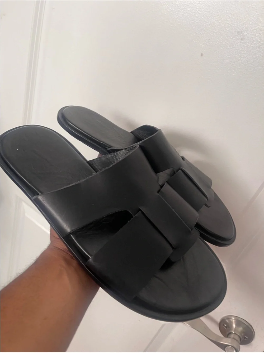 New Black Leather Mens Slide Sandals Sz 10.5